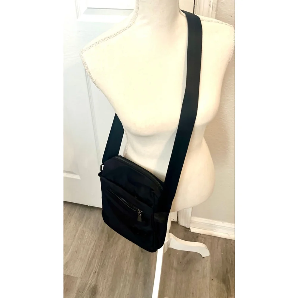 ZZINNA black nylon crossbody bag with two heart appliqués for men and women